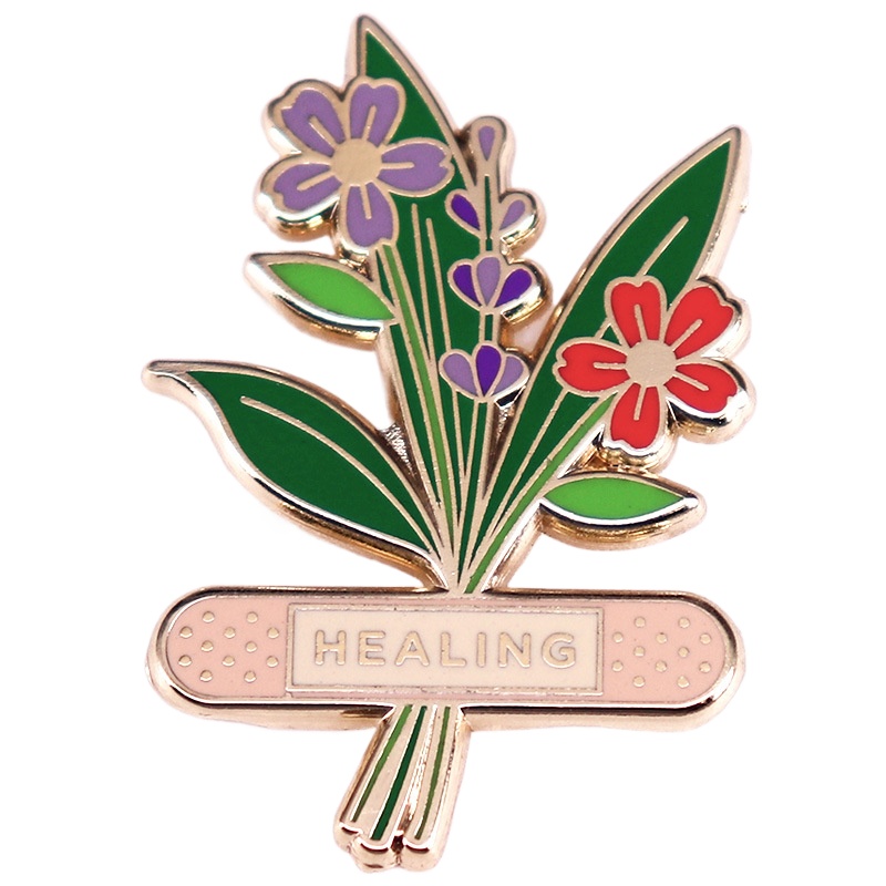 Herbal Wellness Healthcare - 1個入り「HEALING」ハーバルフラワーエナメルピン - 自然な健康デザイン、優しいセルフケアスタイル、普段使いやメンタルヘルスギフトに