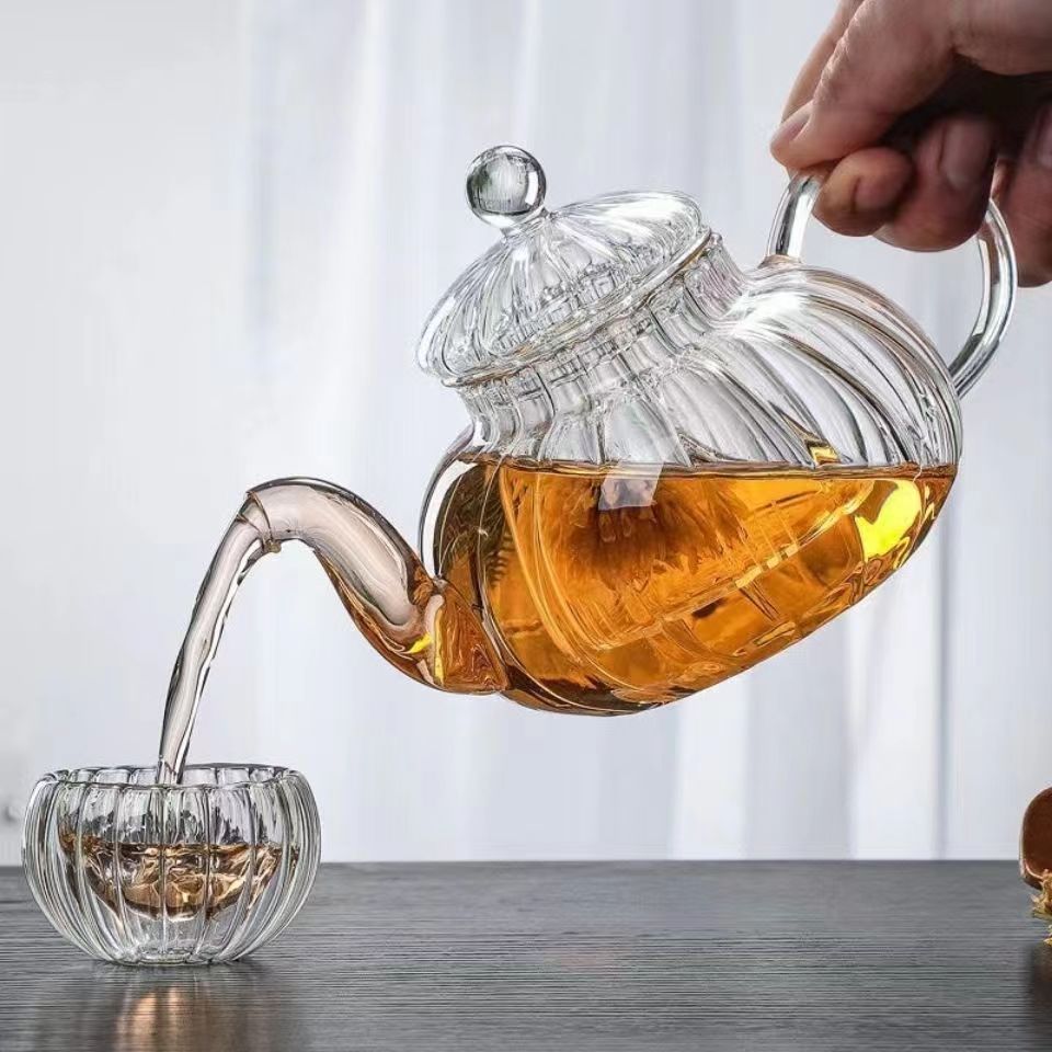 Herbal Wellness Products - ストライプカボチャ形の花ティーポット花ティーカップガラスティーポット注入器茶葉ハーブ耐熱ガラスポット